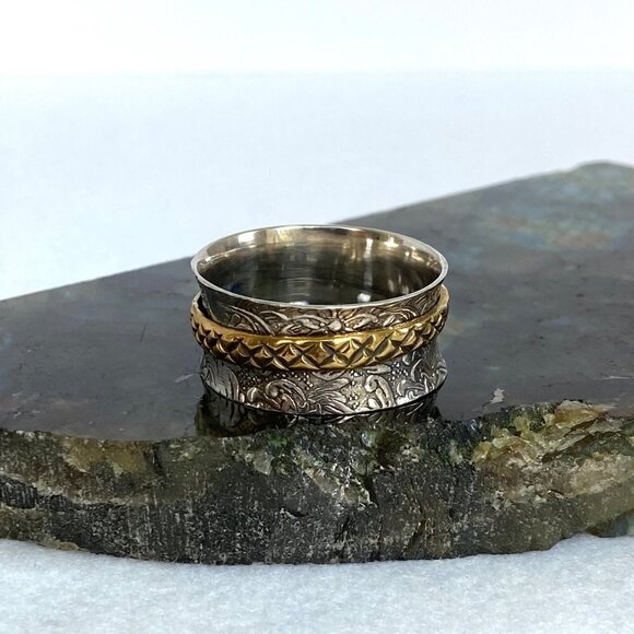 Sterling Silver 925 Embossed Brass Snake Turquoise Wide Spinner Band Ring 14.5 - Picture 4 of 16